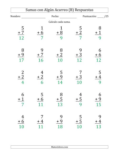 La hoja de ejercicios de 25 Preguntas de Adición de Un Solo Dígito Con Acarreo en Algunas Preguntas (B) Página 2