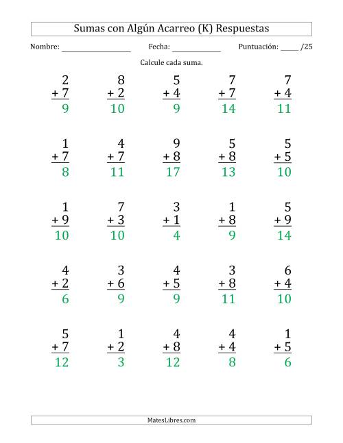 La hoja de ejercicios de 25 Preguntas de Adición de Un Solo Dígito Con Acarreo en Algunas Preguntas (K) Página 2