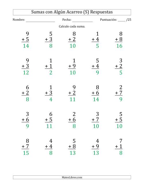 La hoja de ejercicios de 25 Preguntas de Adición de Un Solo Dígito Con Acarreo en Algunas Preguntas (S) Página 2