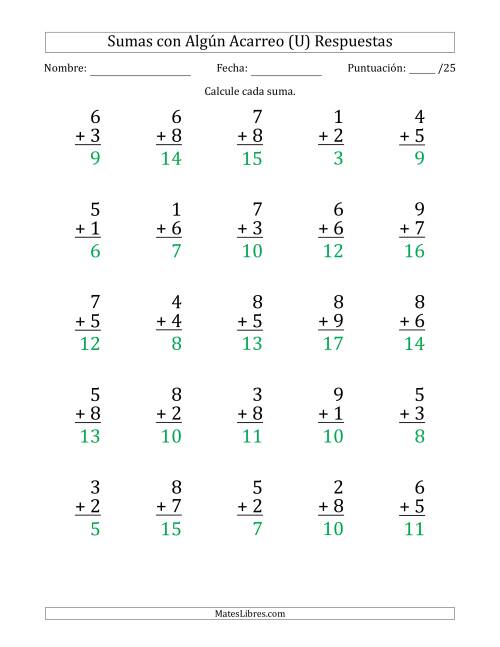 La hoja de ejercicios de 25 Preguntas de Adición de Un Solo Dígito Con Acarreo en Algunas Preguntas (U) Página 2