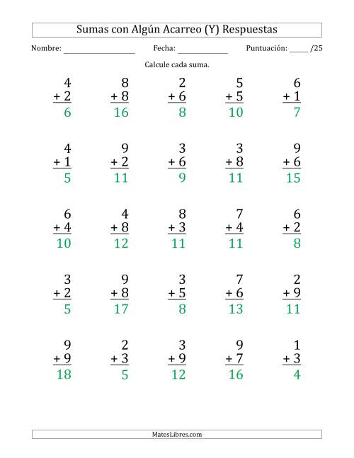 La hoja de ejercicios de 25 Preguntas de Adición de Un Solo Dígito Con Acarreo en Algunas Preguntas (Y) Página 2