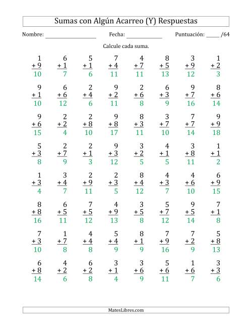 La hoja de ejercicios de 64 Preguntas de Adición de Un Solo Dígito Con Acarreo en Algunas Preguntas (Y) Página 2
