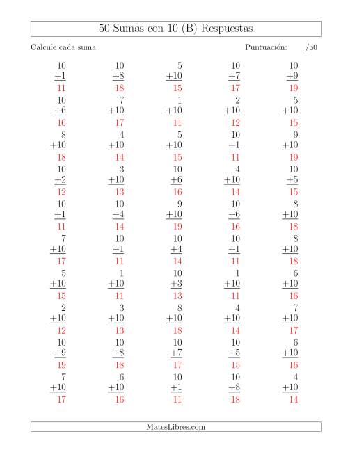 La hoja de ejercicios de 50 Sumas con 10 (B) Página 2