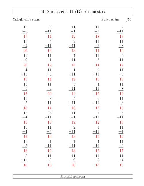 La hoja de ejercicios de 50 Sumas con 11 (B) Página 2