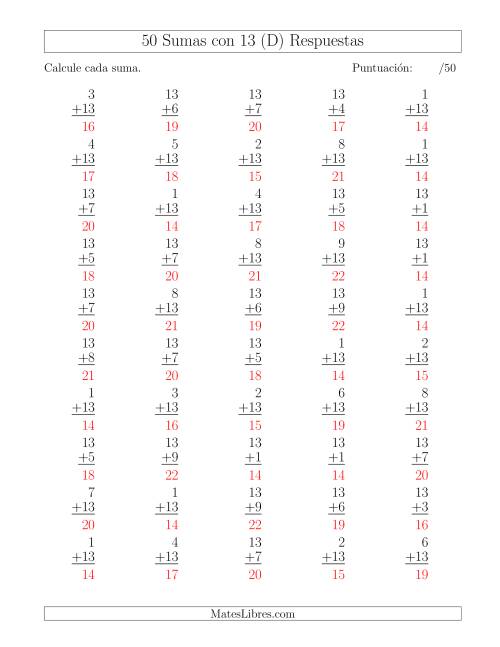 La hoja de ejercicios de 50 Sumas con 13 (D) Página 2