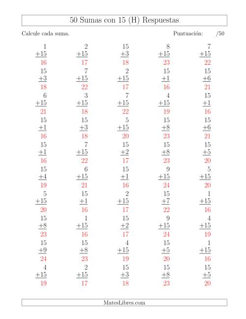 La hoja de ejercicios de 50 Sumas con 15 (H) Página 2