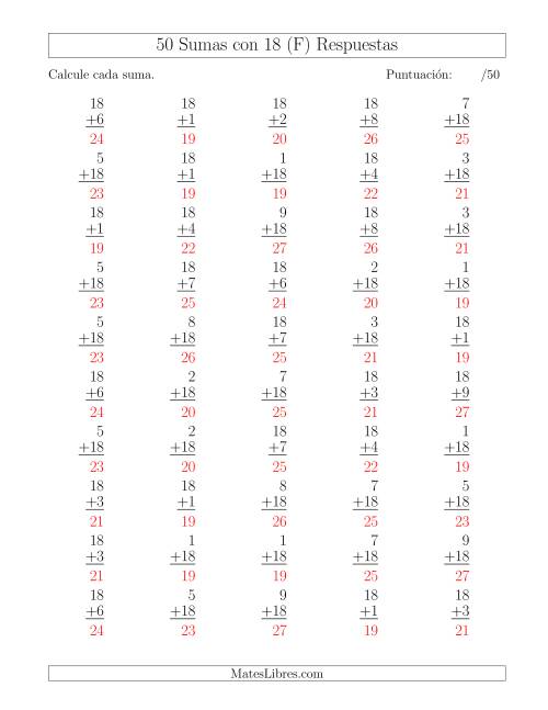 La hoja de ejercicios de 50 Sumas con 18 (F) Página 2