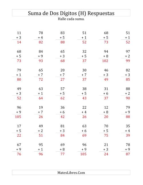 La hoja de ejercicios de Suma de Dos Dígitos más Un Dígito con alguna Reagrupación (H) Página 2
