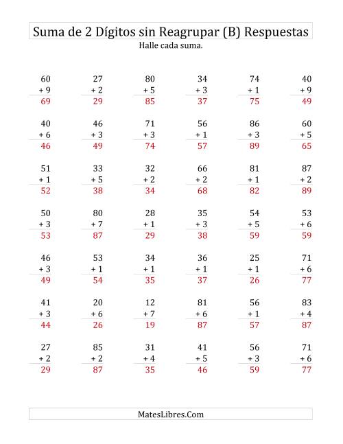 La hoja de ejercicios de Suma de Dos Dígitos más Un Dígito sin Reagrupación (B) Página 2