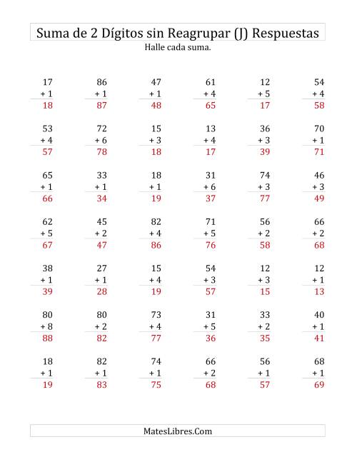 La hoja de ejercicios de Suma de Dos Dígitos más Un Dígito sin Reagrupación (J) Página 2