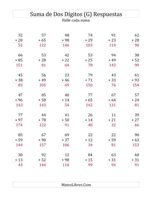 La hoja de ejercicios de Suma de Dos Dígitos con alguna Reagrupación (G) Página 2