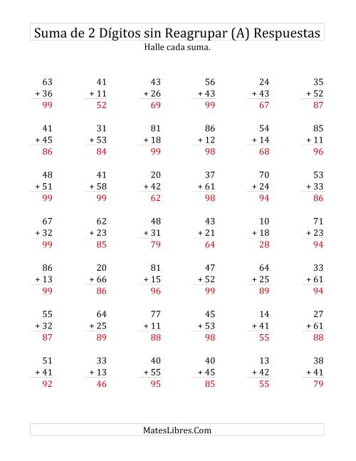 La hoja de ejercicios de Suma de Dos Dígitos sin Reagrupación (A) Página 2