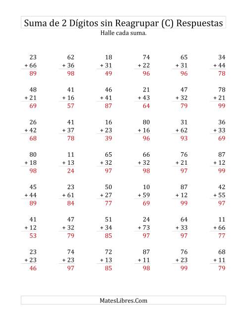 La hoja de ejercicios de Suma de Dos Dígitos sin Reagrupación (C) Página 2