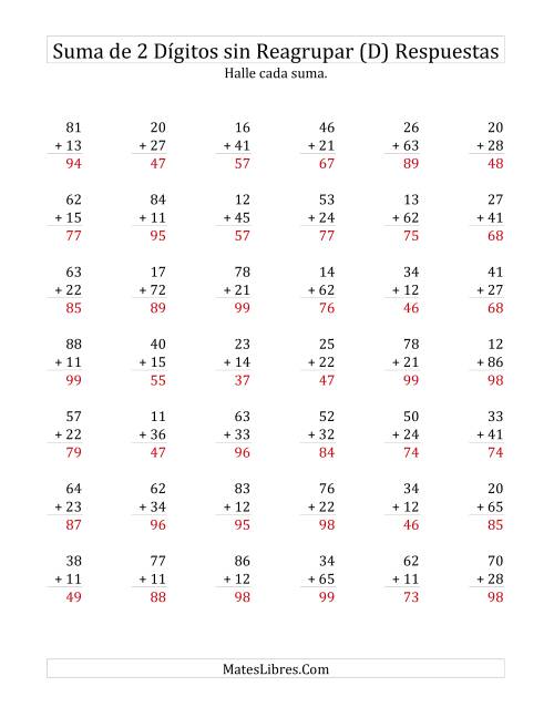 La hoja de ejercicios de Suma de Dos Dígitos sin Reagrupación (D) Página 2