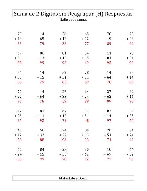 La hoja de ejercicios de Suma de Dos Dígitos sin Reagrupación (H) Página 2