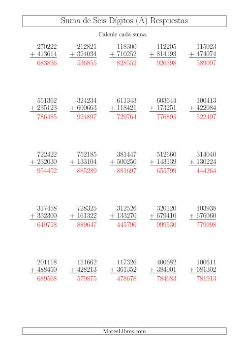 La hoja de ejercicios de Suma de Seis Dígitos más Seis Dígitos sin Acarreo (A) Página 2