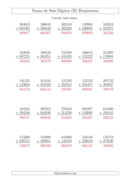 La hoja de ejercicios de Suma de Seis Dígitos más Seis Dígitos sin Acarreo (B) Página 2