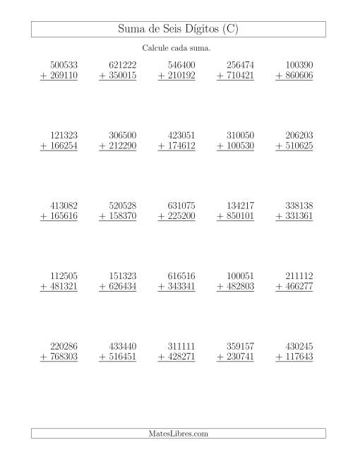 La hoja de ejercicios de Suma de Seis Dígitos más Seis Dígitos sin Acarreo (C)