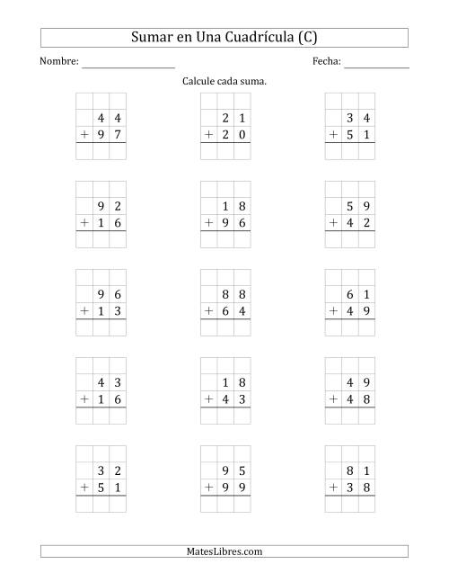 La hoja de ejercicios de Sumar Un Número de Dos Dígitos y Un Número de Dos Dígitos en Una Cuadrícula (C)