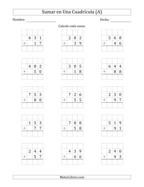La hoja de ejercicios de Sumar Un Número de Tres Dígitos y Un Número de Dos Dígitos en Una Cuadrícula (A)