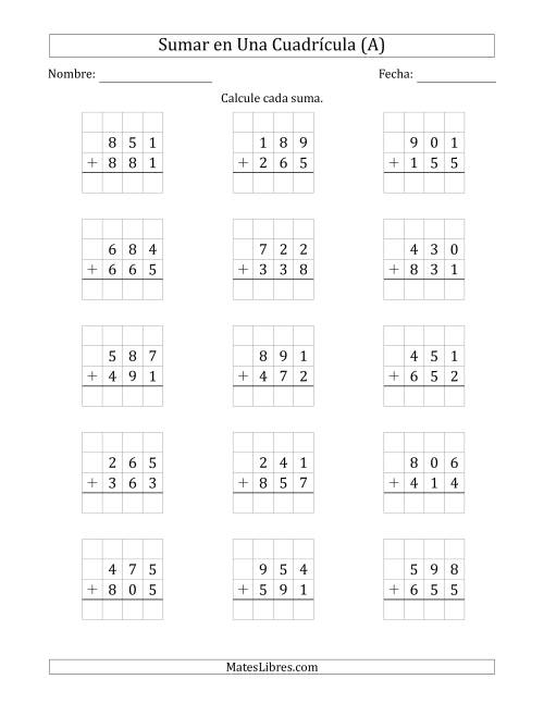 La hoja de ejercicios de Sumar Un Número de Tres Dígitos y Un Número de Tres Dígitos en Una Cuadrícula (Todas)
