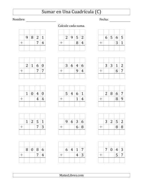 La hoja de ejercicios de Sumar Un Número de Cuatro Dígitos y Un Número de Dos Dígitos en Una Cuadrícula (C)