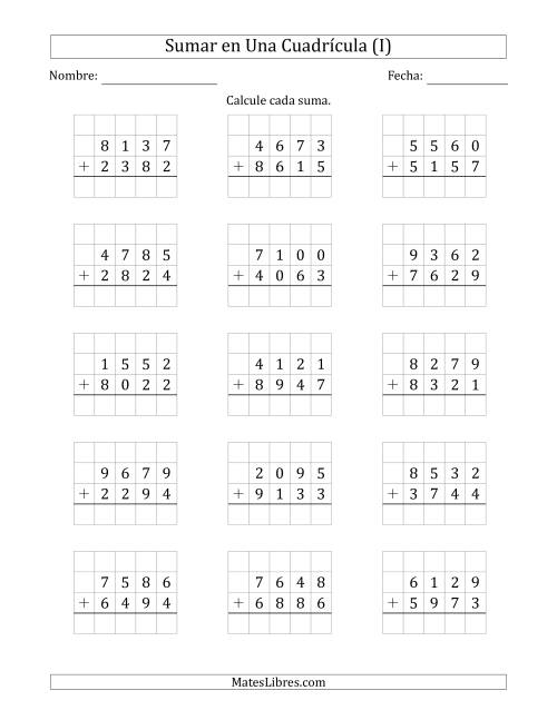 La hoja de ejercicios de Sumar Un Número de Cuatro Dígitos y Un Número de Cuatro Dígitos en Una Cuadrícula (I)