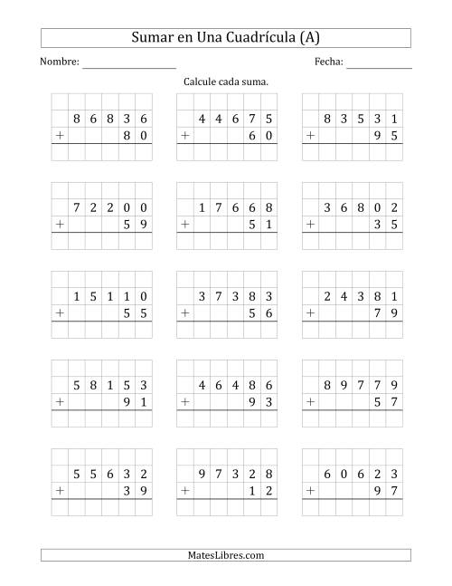La hoja de ejercicios de Sumar Un Número de Cinco Dígitos y Un Número de Dos Dígitos en Una Cuadrícula (A)