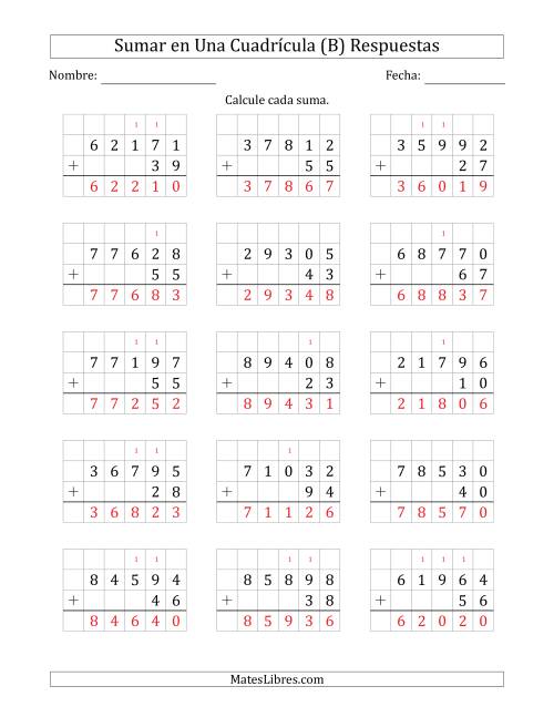 La hoja de ejercicios de Sumar Un Número de Cinco Dígitos y Un Número de Dos Dígitos en Una Cuadrícula (B) Página 2