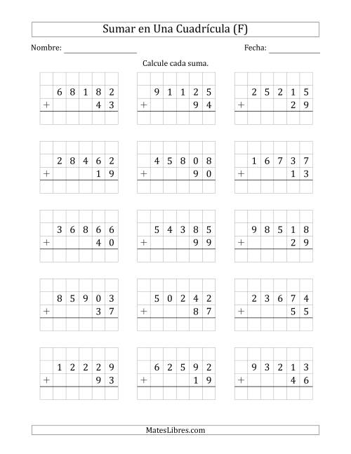 La hoja de ejercicios de Sumar Un Número de Cinco Dígitos y Un Número de Dos Dígitos en Una Cuadrícula (F)