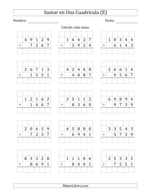 La hoja de ejercicios de Sumar Un Número de Cinco Dígitos y Un Número de Cuatro Dígitos en Una Cuadrícula (E)