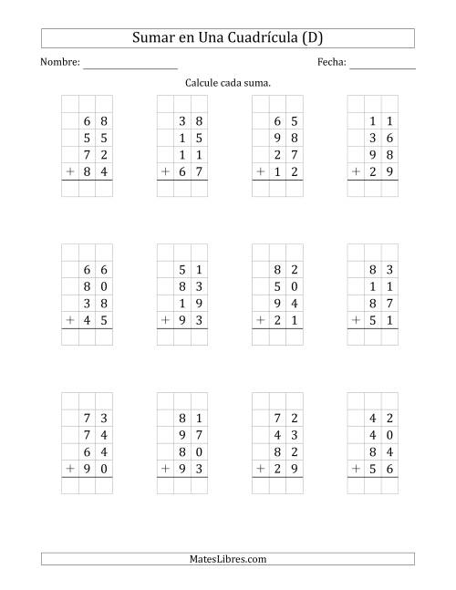 La hoja de ejercicios de Sumar Cuatro Números de Dos Dígitos en Una Cuadrícula (D)