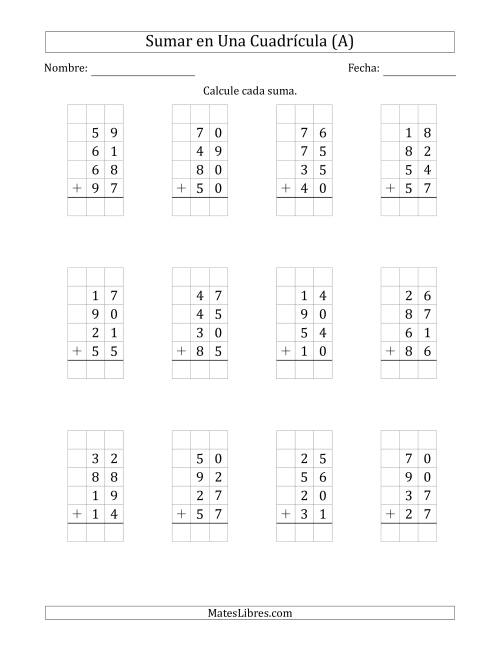 La hoja de ejercicios de Sumar Cuatro Números de Dos Dígitos en Una Cuadrícula (Todas)