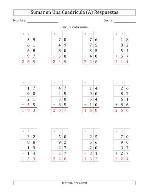 La hoja de ejercicios de Sumar Cuatro Números de Dos Dígitos en Una Cuadrícula (Todas) Página 2