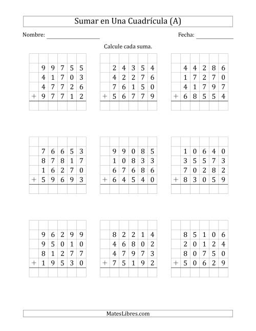 La hoja de ejercicios de Sumar Cuatro Números de Cinco Dígitos en Una Cuadrícula (Todas)