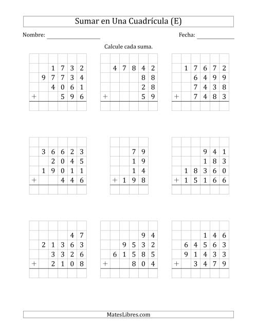 La hoja de ejercicios de Sumar Cuatro Números de Varios Dígitos en Una Cuadrícula (E)