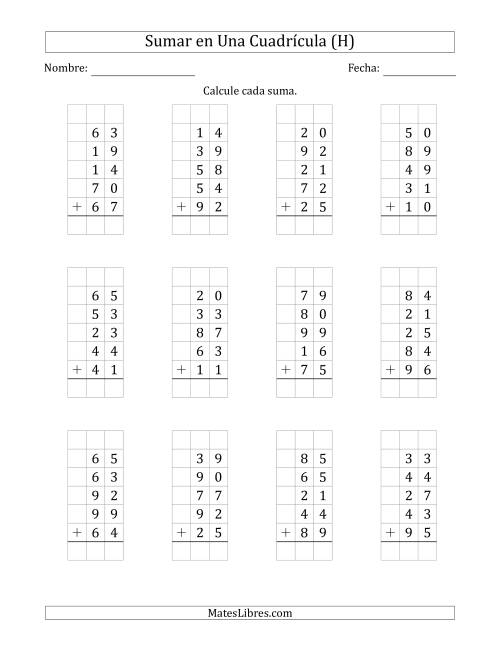 La hoja de ejercicios de Sumar Cinco Números de Dos Dígitos en Una Cuadrícula (H)