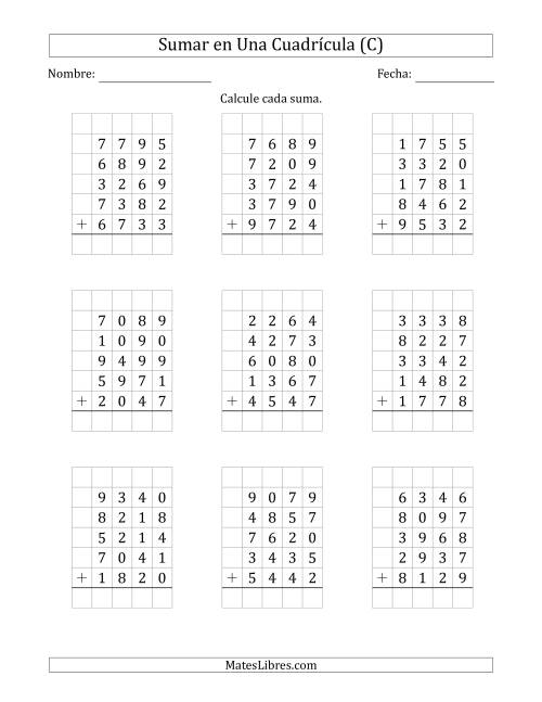 La hoja de ejercicios de Sumar Cinco Números de Cuatro Dígitos en Una Cuadrícula (C)