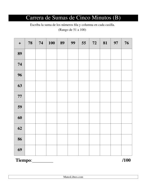 La hoja de ejercicios de Carrera de Cinco Minutos, Rango del 51 al 100, 1 por página (B)
