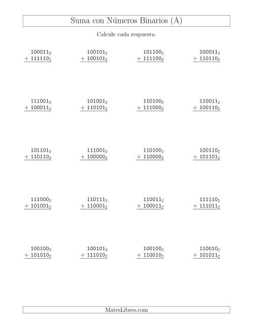La hoja de ejercicios de Suma con Números Binarios (Base 2) (A)