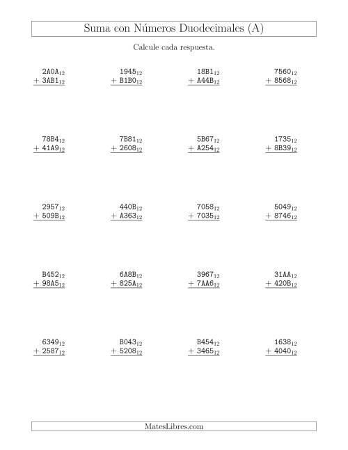 La hoja de ejercicios de Suma con Números Duodecimales (Base 12) (A)