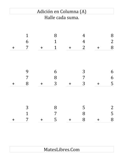 La hoja de ejercicios de Suma en Columna, Tres Números de Un Dígito (Grande)