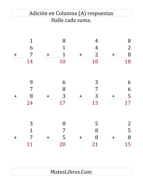 La hoja de ejercicios de Suma en Columna, Tres Números de Un Dígito (Grande) Página 2