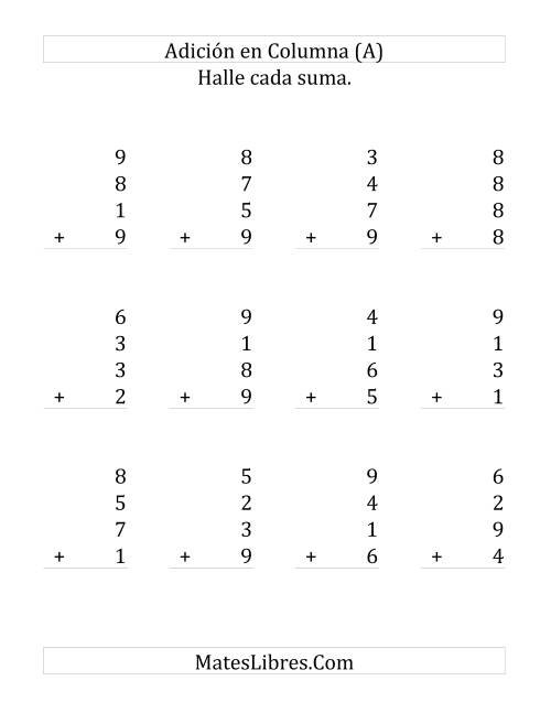 La hoja de ejercicios de Suma en Columna, Cuatro Números de Un Dígito (Grande)