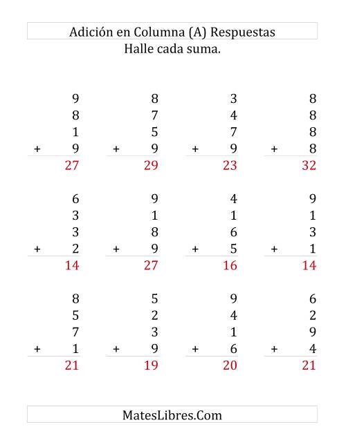 La hoja de ejercicios de Suma en Columna, Cuatro Números de Un Dígito (Grande) Página 2