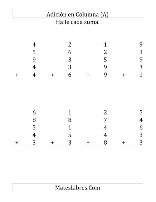 La hoja de ejercicios de Suma en Columna, Cinco Números de Un Dígito (Grande)
