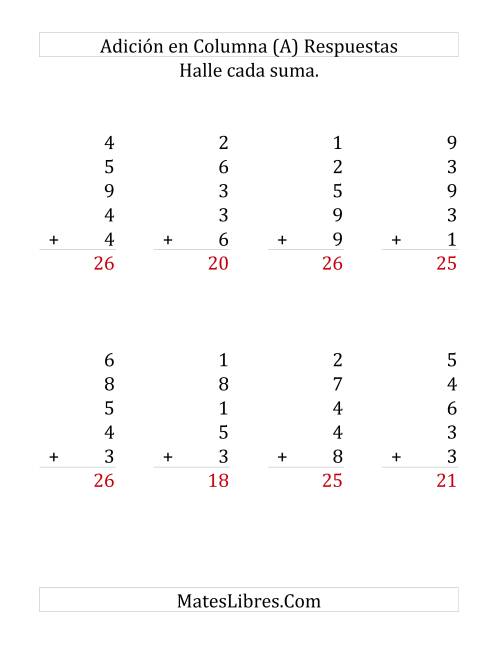 La hoja de ejercicios de Suma en Columna, Cinco Números de Un Dígito (Grande) Página 2