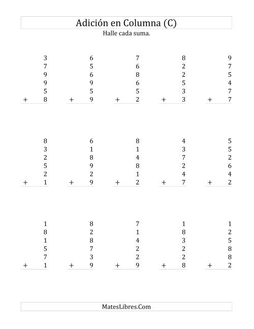 La hoja de ejercicios de Suma en Columna, Seis Números de Un Dígito (C)