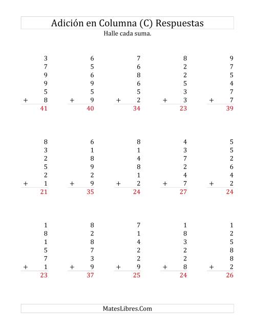 La hoja de ejercicios de Suma en Columna, Seis Números de Un Dígito (C) Página 2