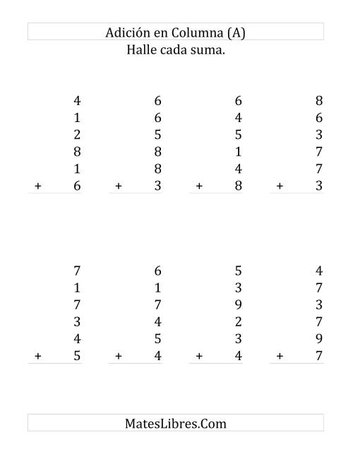 La hoja de ejercicios de Suma en Columna, Seis Números de Un Dígito (Grande)